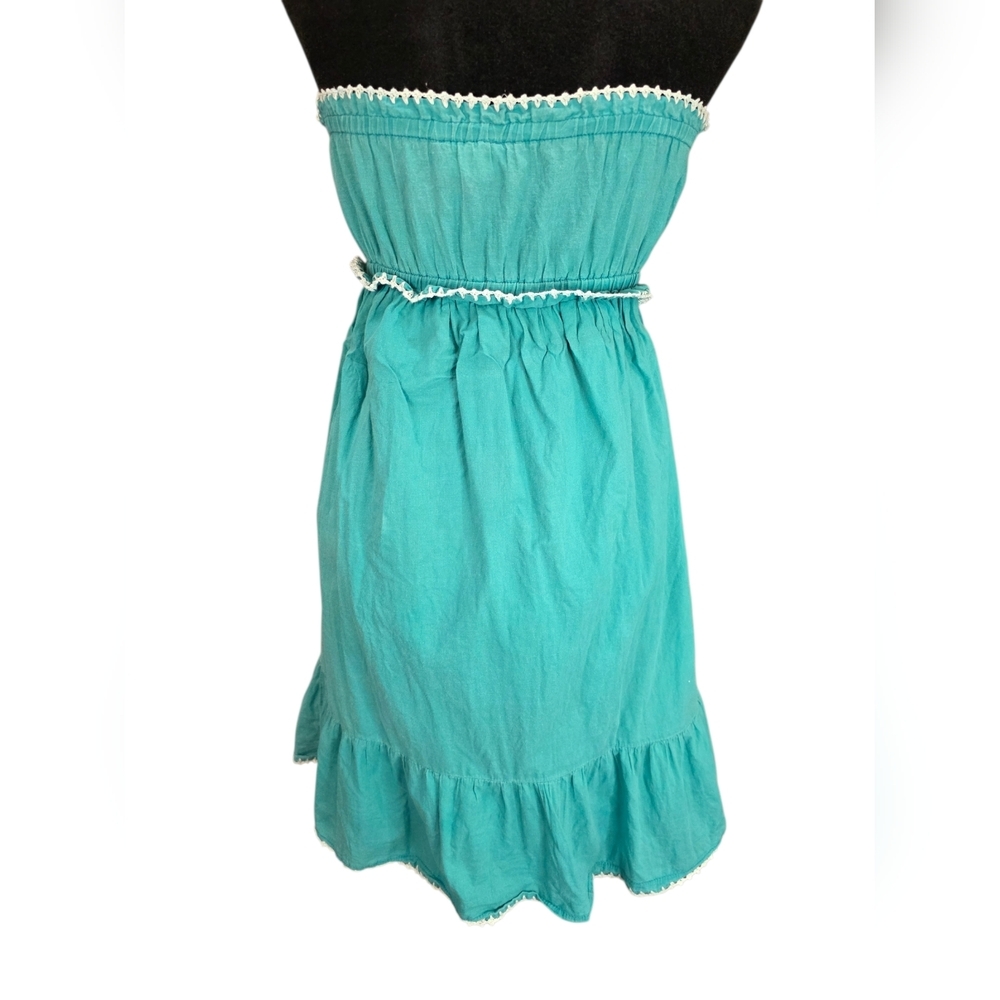 Miss Me Strapless Embroidered Lined Mini Dress Teal Cotton Small Boho Festival - Picture 6 of 9